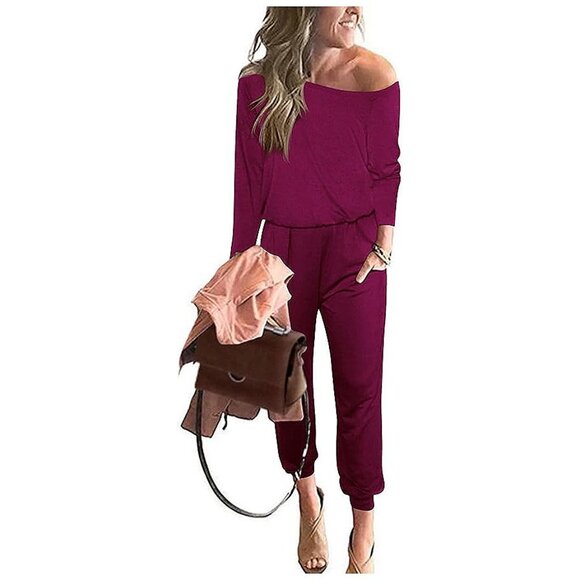 Women's Casual Long Sleeve Jumpsuit Crewneck One Off Shoulder Purple